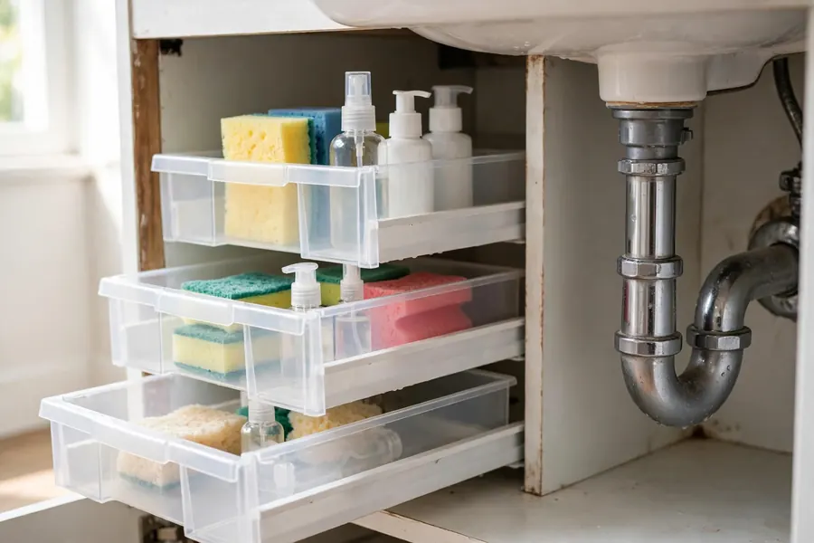 Stackable plastic drawers tucked beside the sink drain pipe, with cleaning bottles and sponges neatly arranged inside