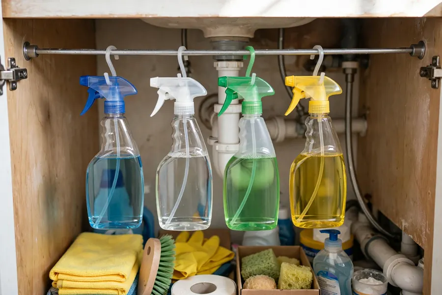 A metal tension rod inside the under-sink cabinet with spray bottles hanging by their triggers, extra supplies stored below
