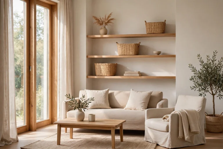 Bright minimalist living room with beige sofa, wooden coffee table, and open wall shelves holding woven baskets, books, and dried plants