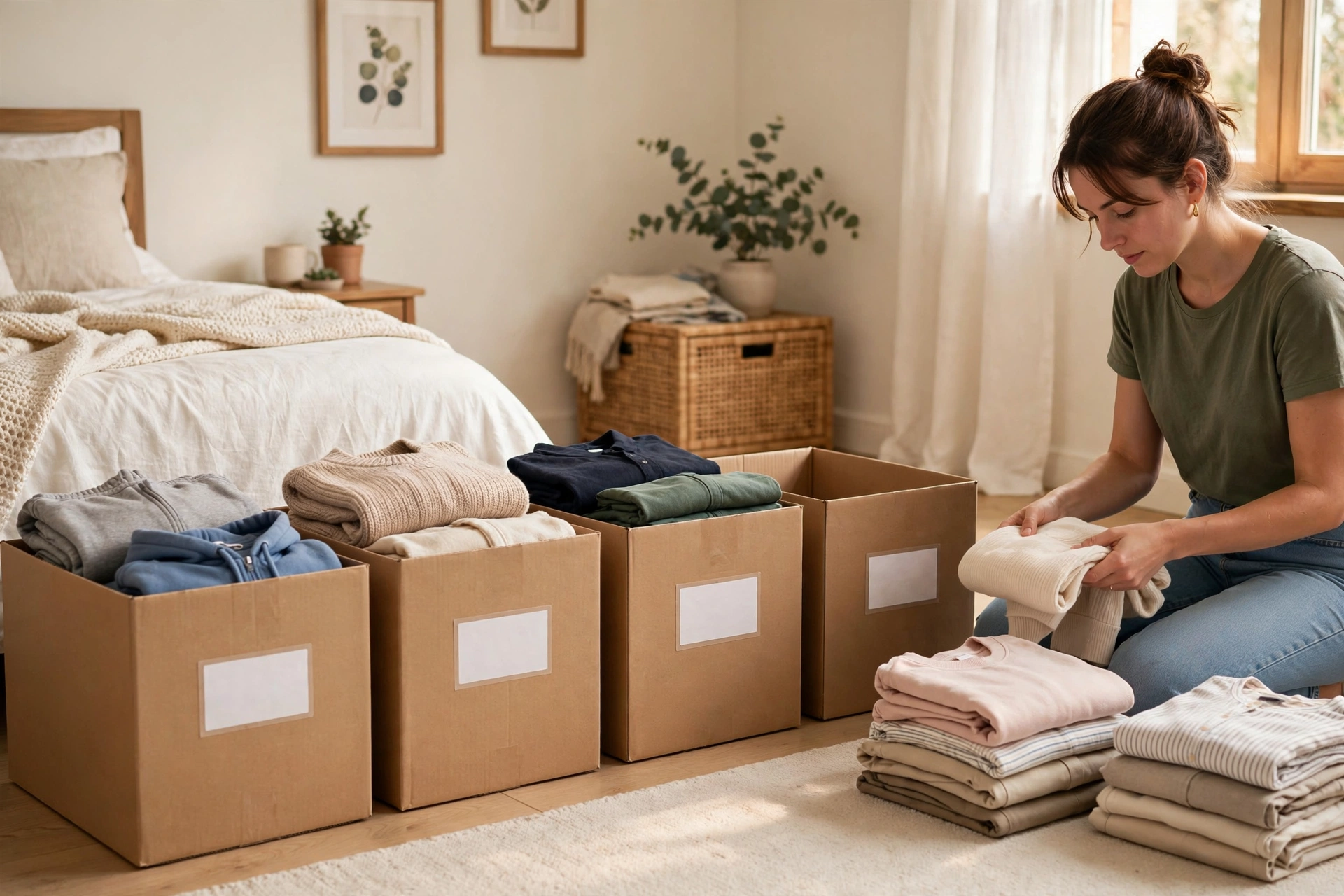 Woman sorting folded clothes into four labeled cardboard boxes on a bedroom floor during a decluttering session
