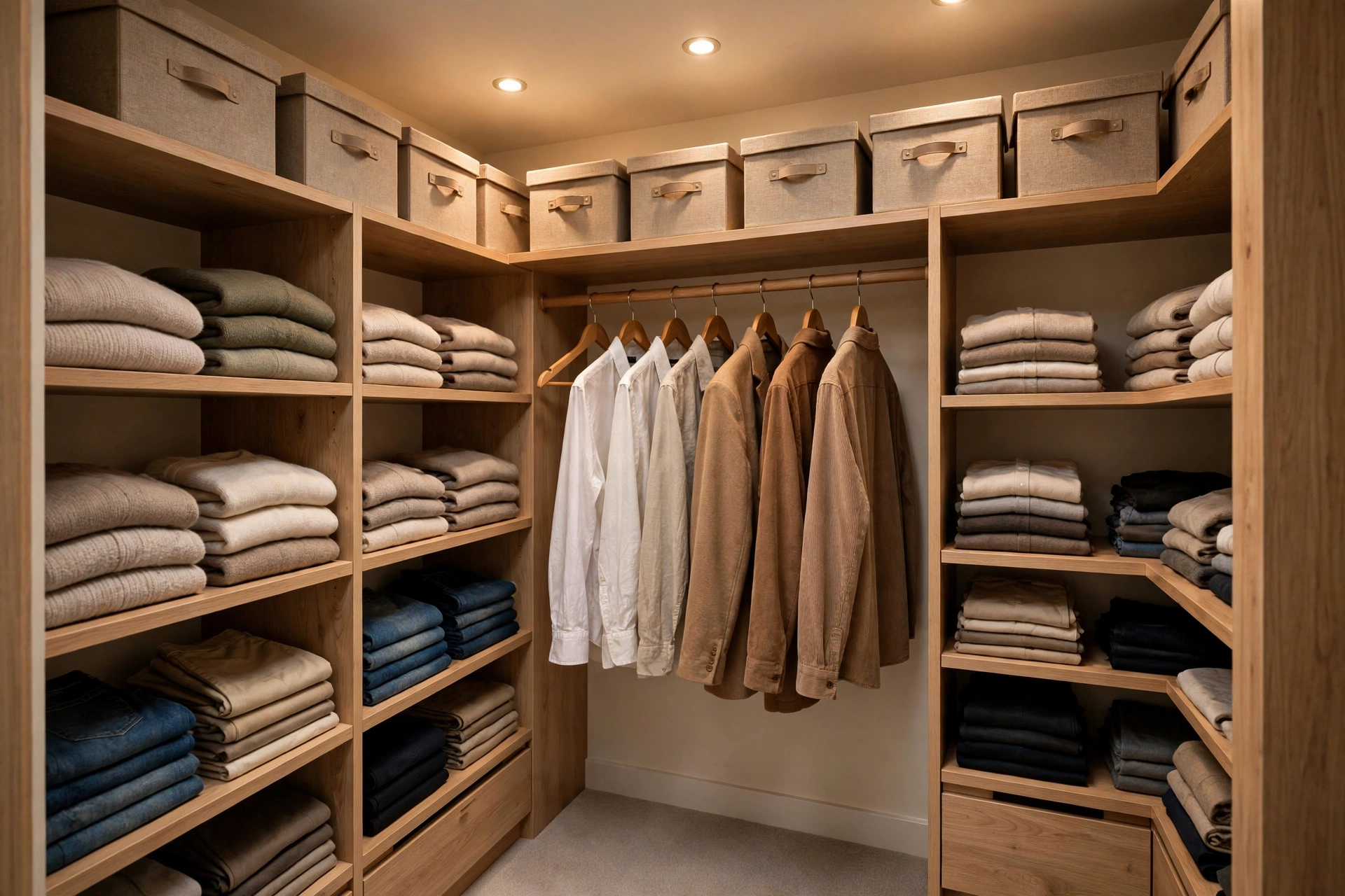 Neatly organized walk-in closet with folded clothes on wooden shelves, shirts on hangers, and labeled storage boxes on the top shelf