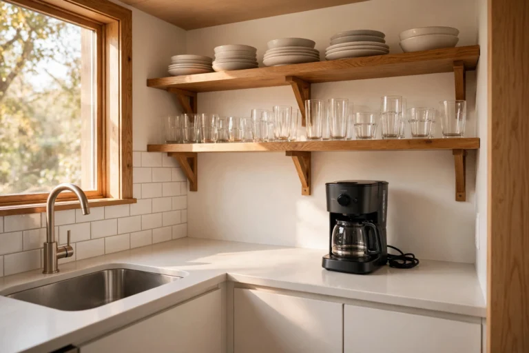Small organized kitchen with open wooden shelves holding stacked dishes and glasses, a clear countertop, and a stainless steel sink under a window