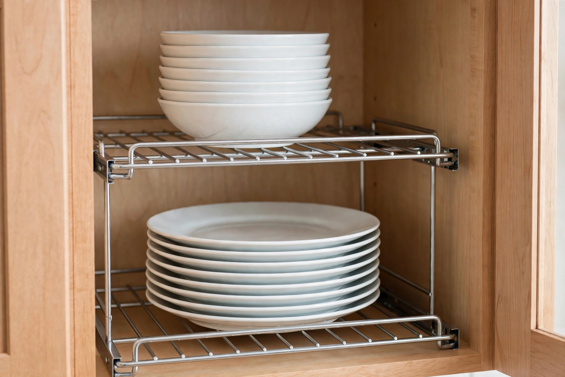 Inside a wooden kitchen cabinet with a metal shelf riser creating two levels of stacked white bowls and plates