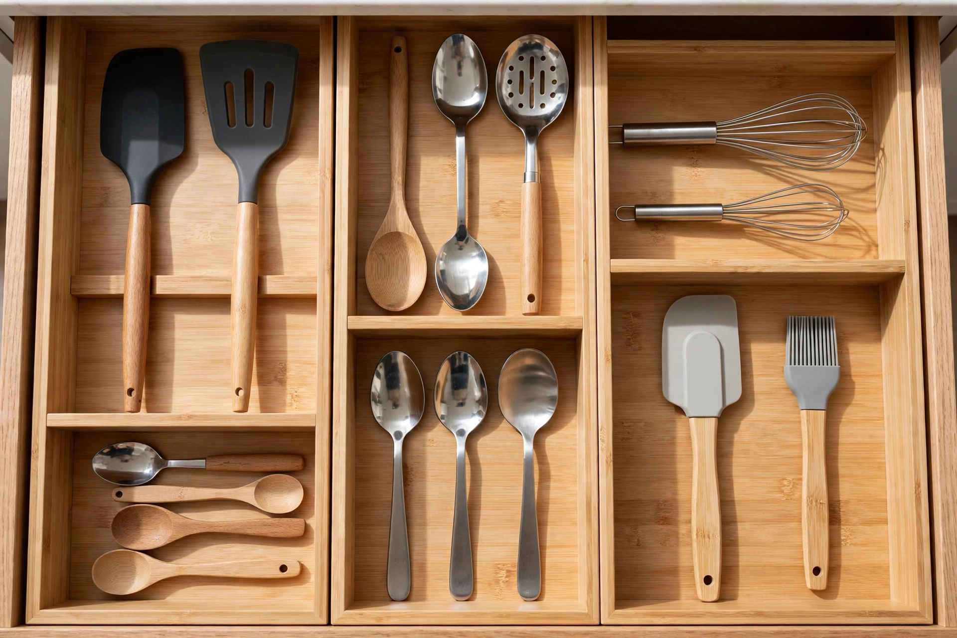 Bamboo kitchen drawer organizer with compartments holding neatly arranged spatulas, spoons, and whisks