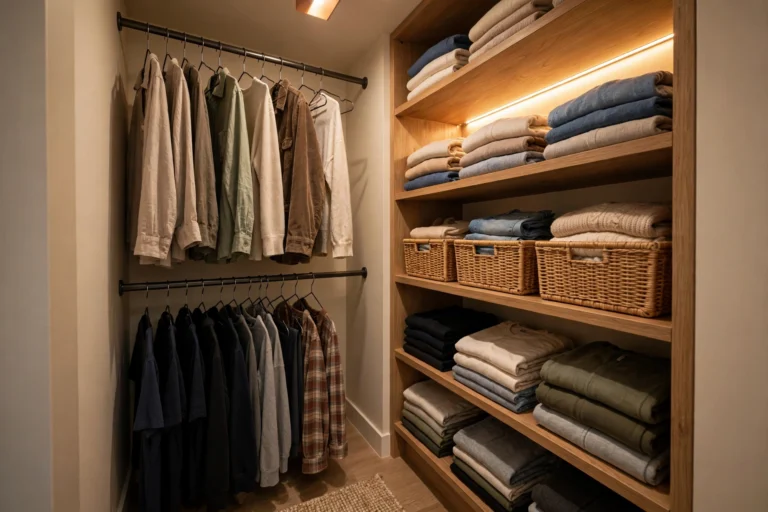 Small organized walk-in closet with double hanging rods of shirts, wooden shelves of folded clothes, and wicker storage baskets under warm lighting