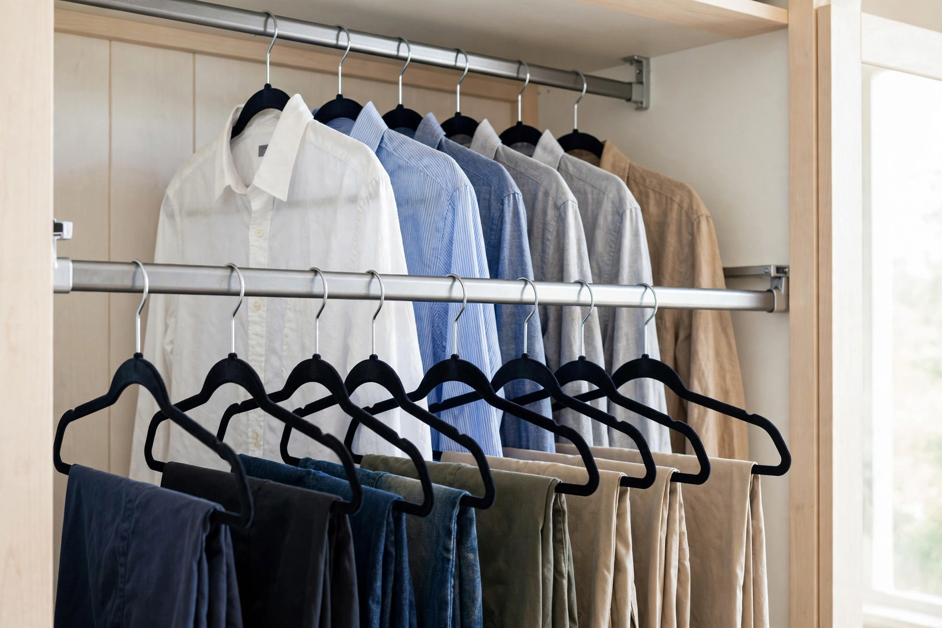 Close-up of a double-hang closet with slim black hangers holding shirts on the upper rod and pants on the lower rod