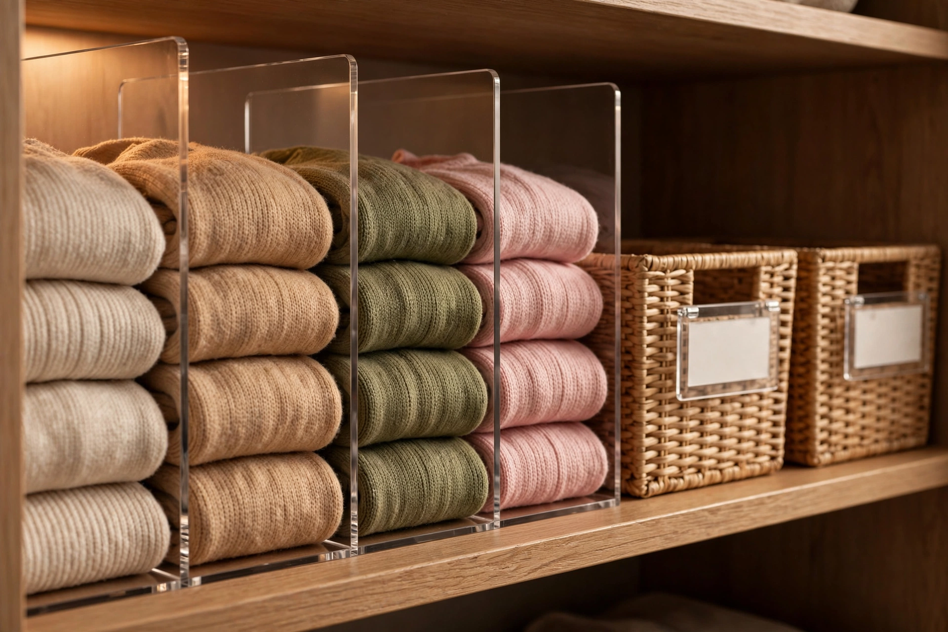 Wooden closet shelf with clear acrylic dividers separating neat stacks of folded sweaters in cream, olive, and pink, beside labeled wicker baskets
