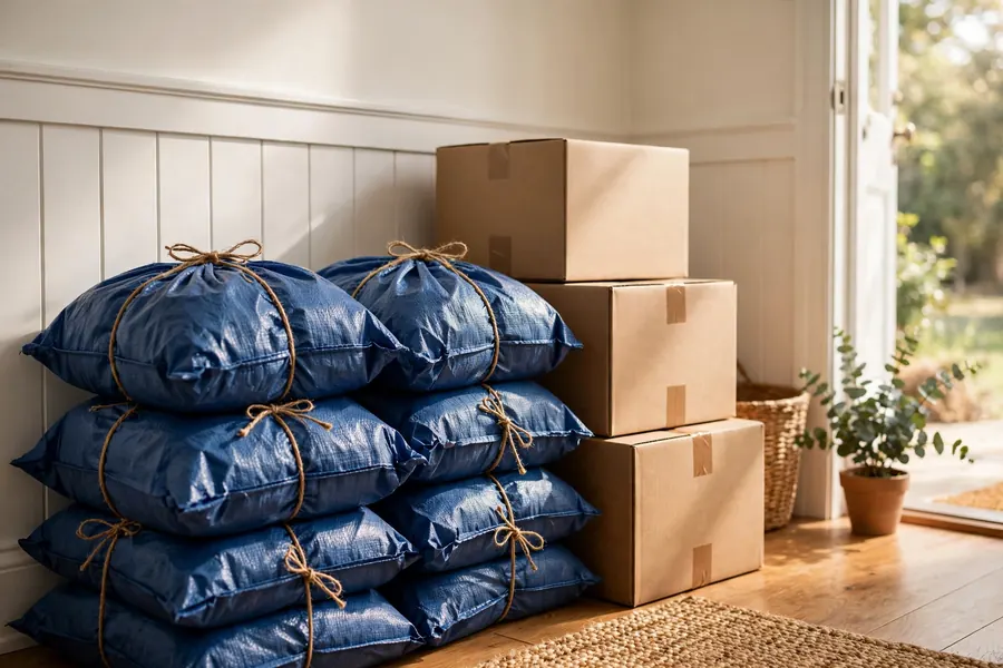 Neatly packed donation bags and boxes ready for drop-off