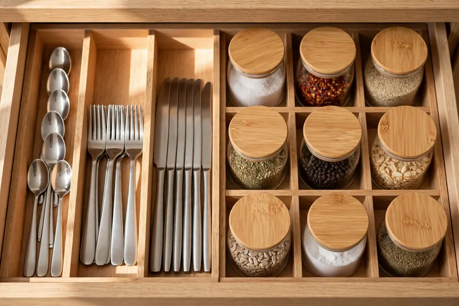 Organized kitchen drawer with neatly sorted utensils in rows