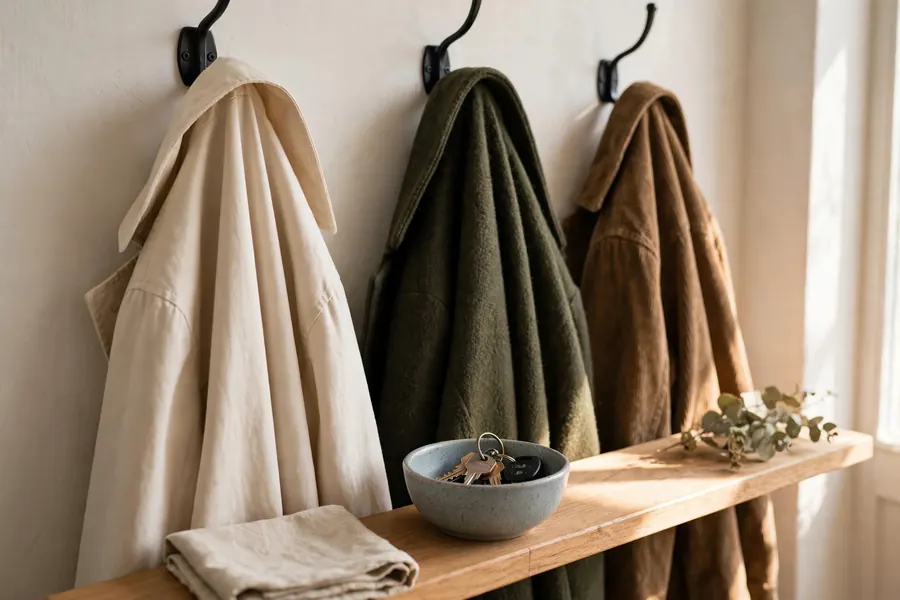 Wall-mounted hooks holding coats with a small bowl for keys on a narrow shelf
