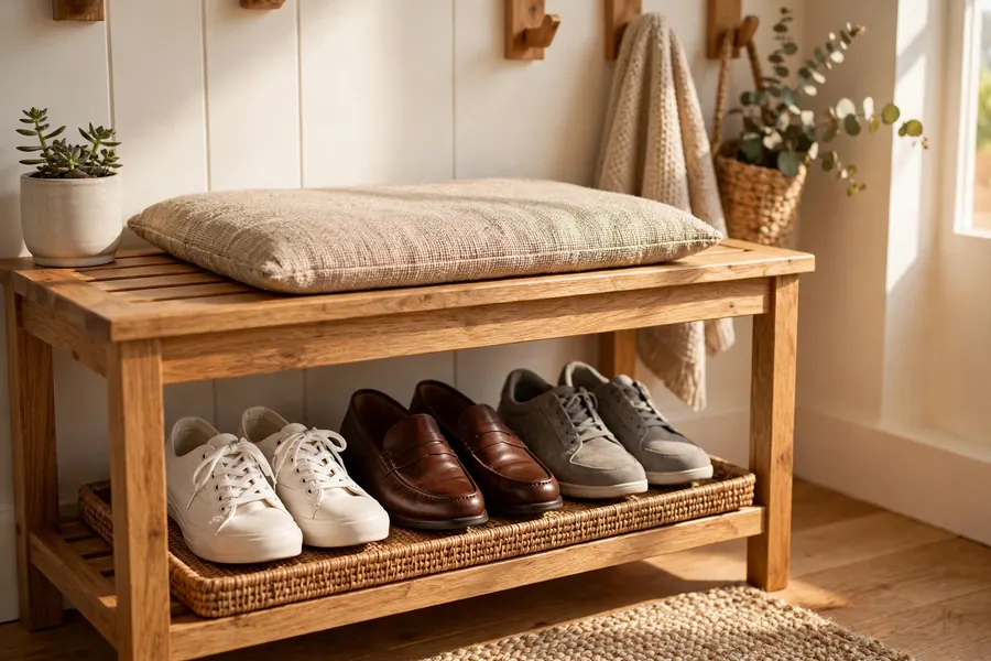 Small wooden entryway bench with shoes neatly arranged on a tray underneath