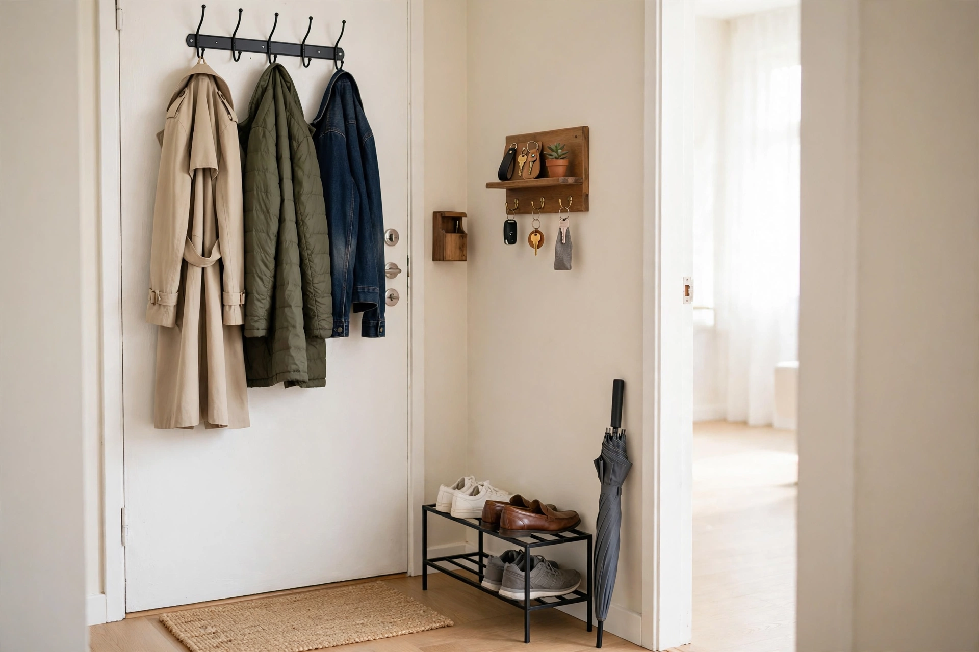 Tidy apartment entryway with a wall-mounted coat hook rail holding three jackets, a wooden shelf with key hooks and a succulent, a black shoe rack with shoes, and an umbrella in the corner