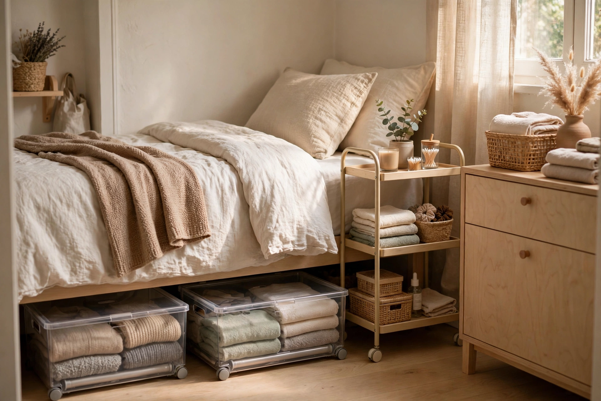Bedroom with clear rolling storage boxes full of folded clothes under the bed, a small wooden cart with towels, and a light-wood dresser by a sunny window