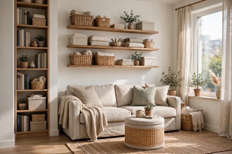 Cozy small living room with a beige sofa, three floating wooden wall shelves holding wicker baskets and folded blankets, and a tall narrow bookshelf by a sunny window