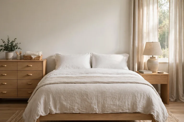 Serene minimalist bedroom with neatly made white bedding, a wooden headboard, and sunlight streaming through sheer curtains