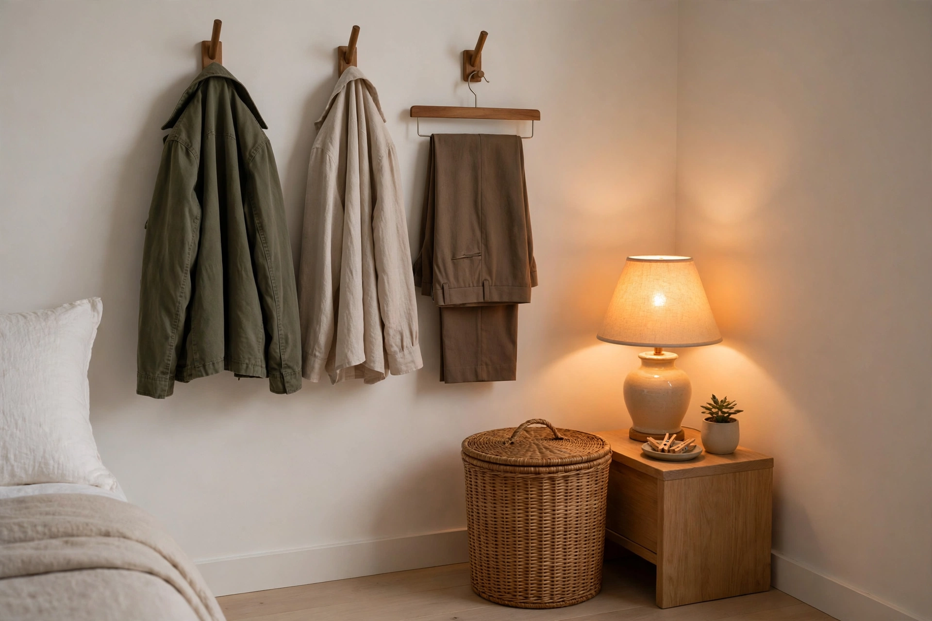 Cozy organized bedroom with a neatly made bed in tan plaid bedding, a wooden bench at the foot, a dark accent wall, and a lit bedside lamp