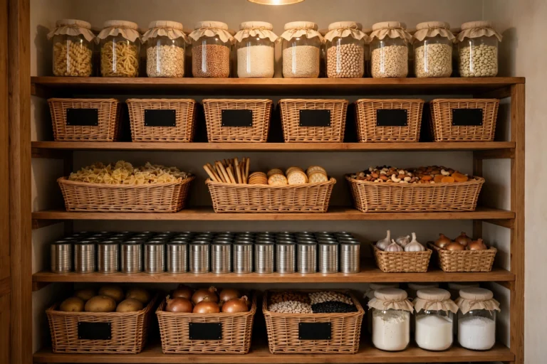Organized walk-in pantry with wooden shelves, labeled jars, baskets, and bins under warm pendant lighting