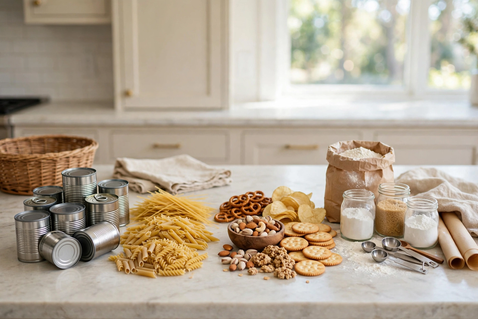 Organized pantry shelves with labeled bins, baskets, and clear storage jars on white wire shelving