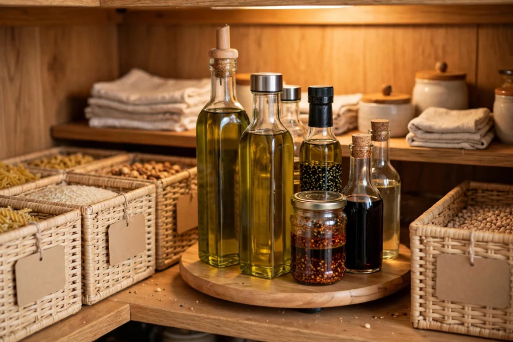 Organized pantry countertop with glass olive oil bottles, a small potted plant, and woven storage baskets