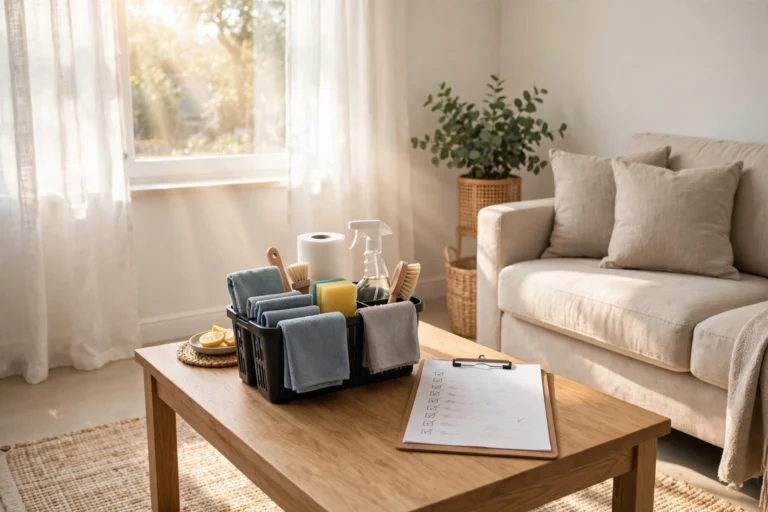 Cleaning caddy with cloths, spray bottle, and brushes on a wooden coffee table beside a cleaning checklist clipboard in a sunlit living room