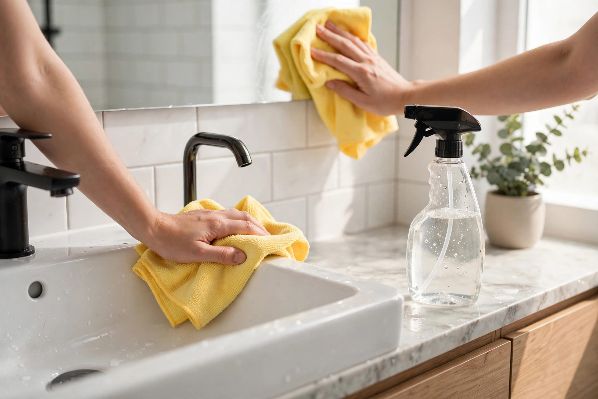 Hands wiping a white bathroom sink and mirror with yellow microfiber cloths, with a spray bottle on the marble countertop