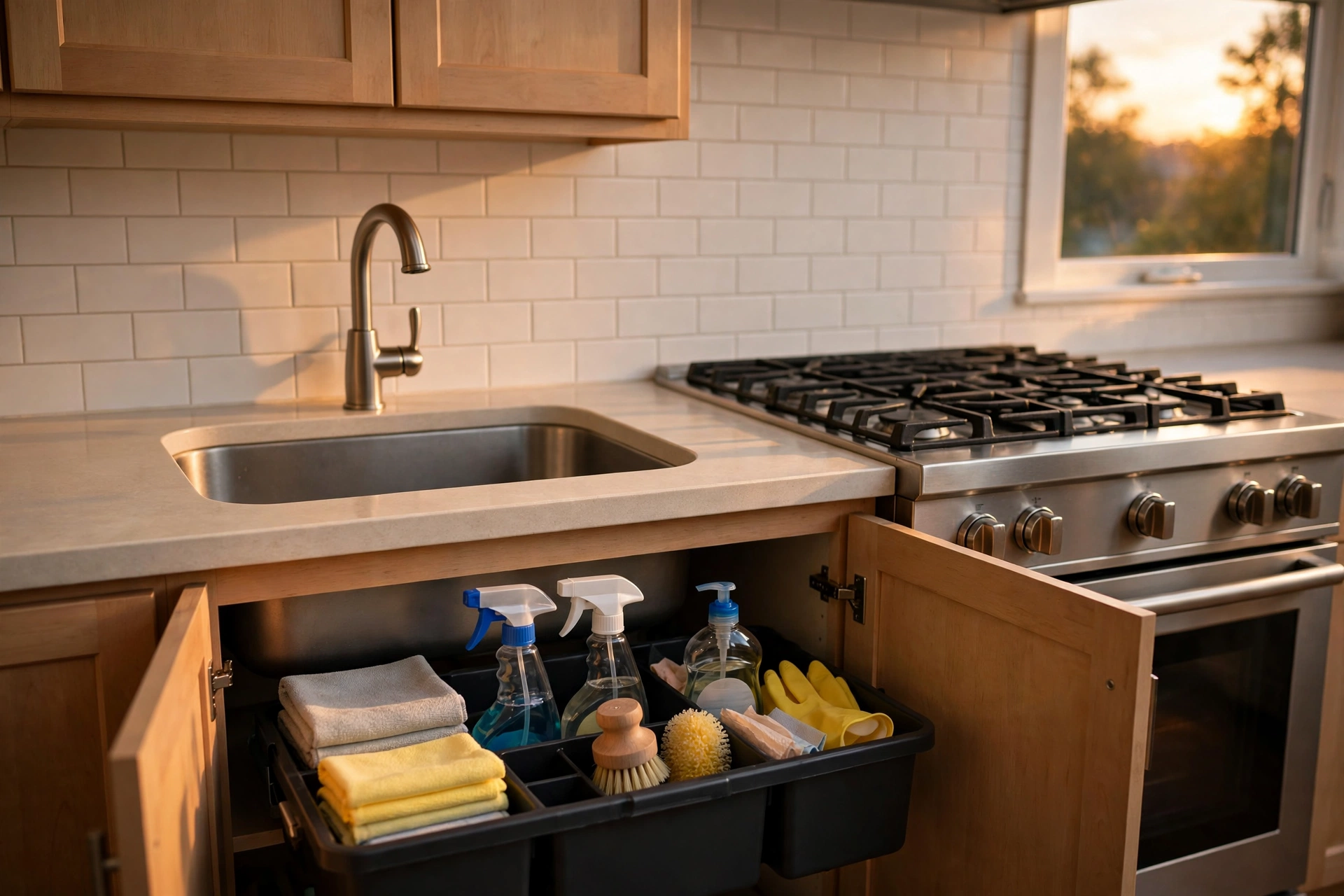 Open under-sink cabinet with a pull-out caddy organized with spray bottles, yellow gloves, scrub brush, and folded cleaning cloths