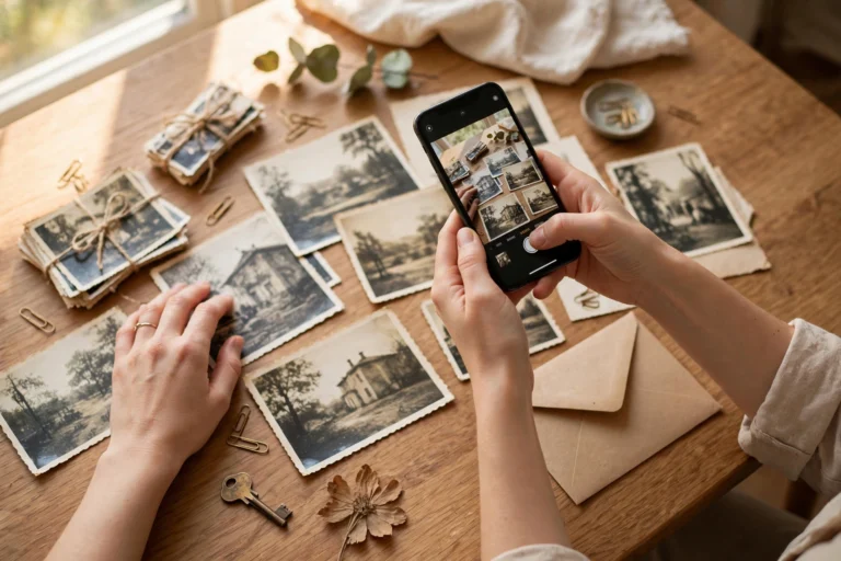 Hands photographing old black-and-white vintage photos spread on a wooden table, with bundles of photos tied with twine, an envelope, and a key