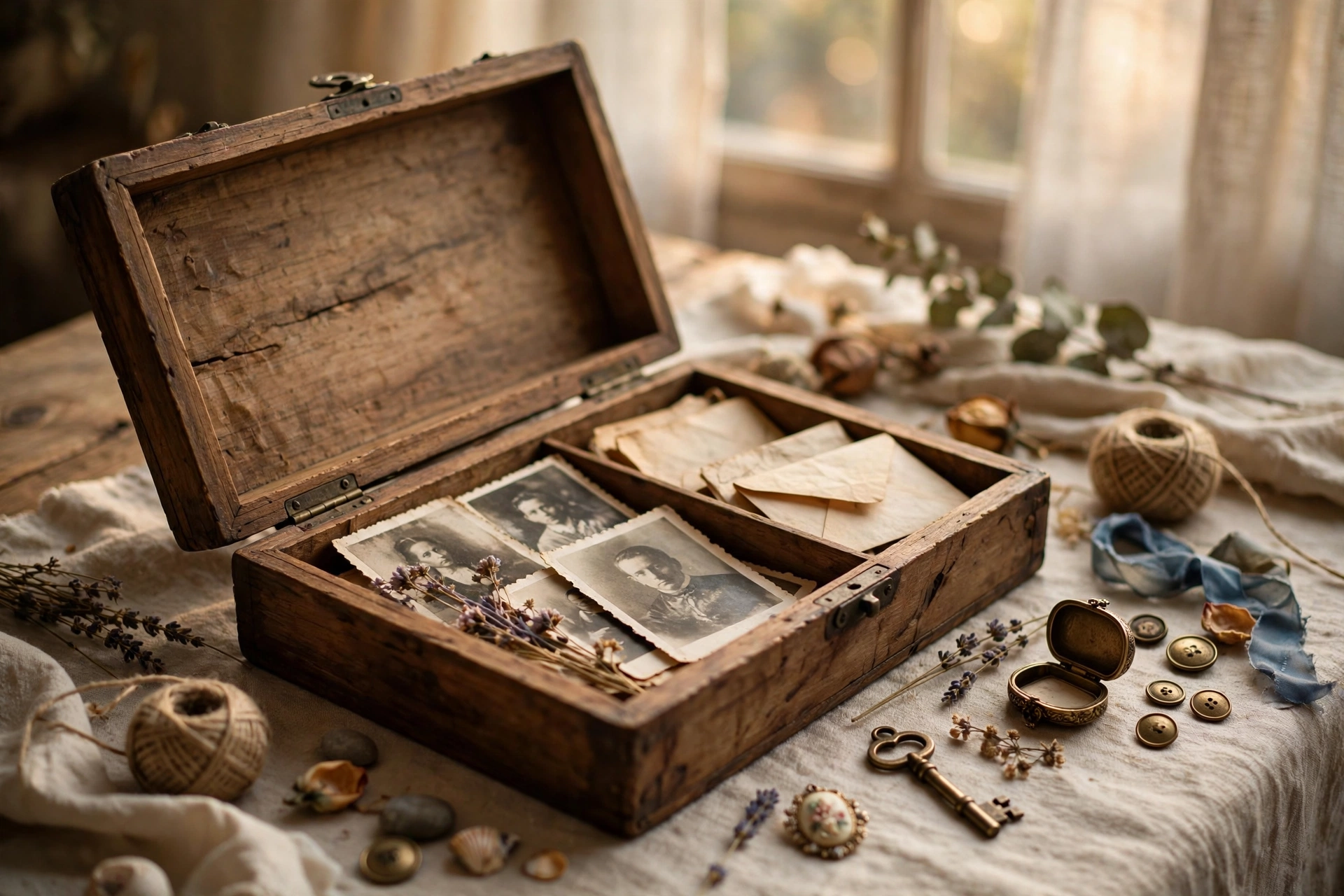 Open antique wooden memory box holding vintage photos and envelopes, surrounded by a brass key, brooch, buttons, dried lavender, and twine near a sunlit window