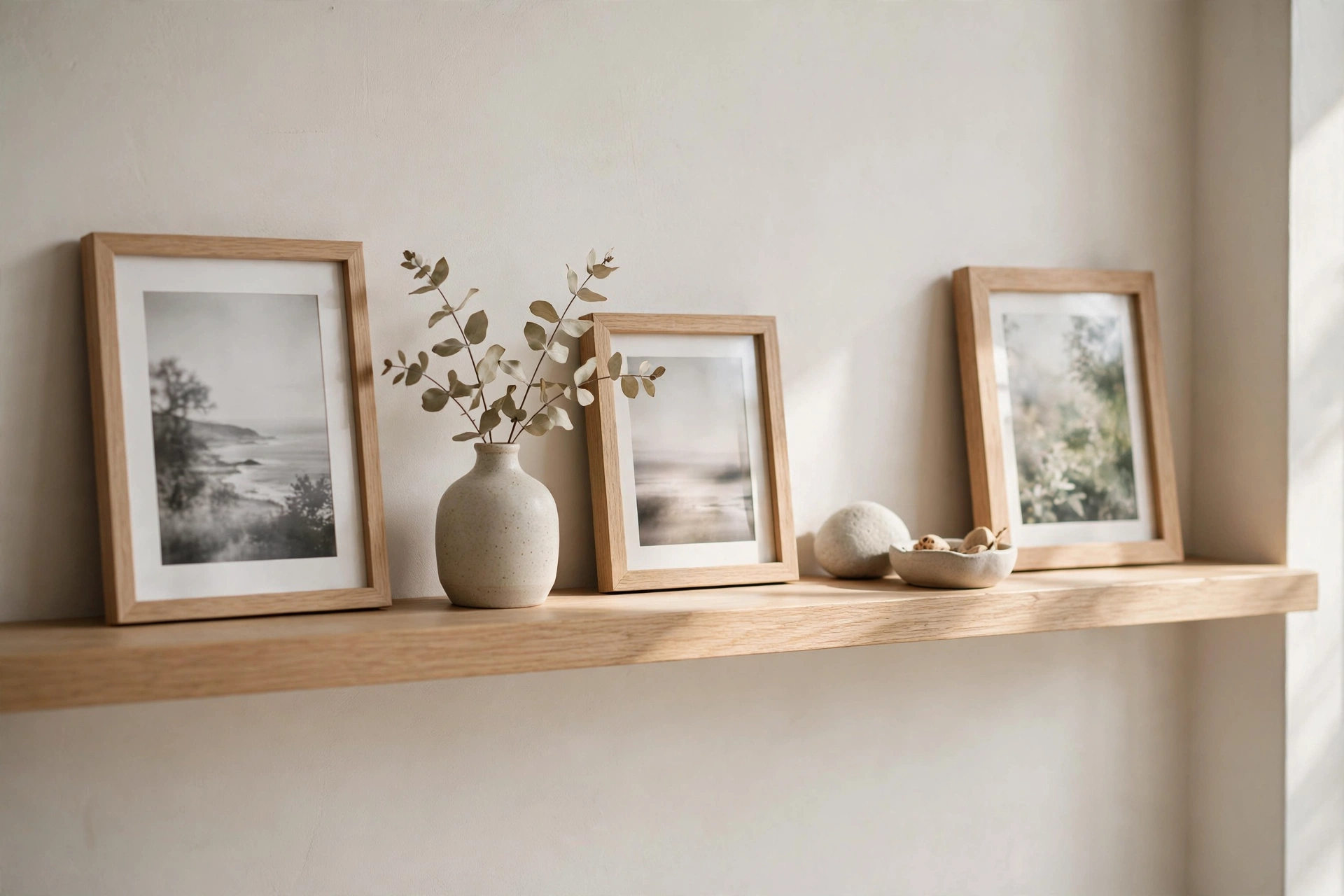 Minimalist wooden shelf displaying framed photographs, a small ceramic vase with dried eucalyptus, a stone, and a dish of shells in soft sunlight