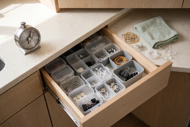 Open desk drawer with compartment trays organizing paper clips, binder clips, rubber bands and small supplies, with a kitchen timer on the countertop