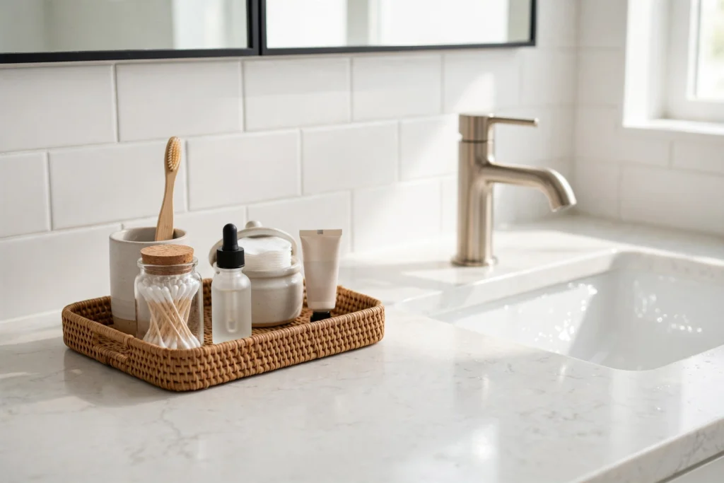 Tidy bathroom sink with toiletries organized on a woven tray beside a modern faucet