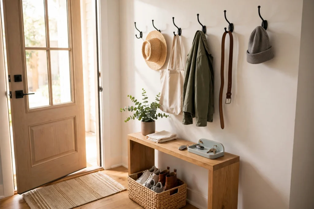 Bright entryway with hats and coats hanging on wall hooks above a wooden console table with a round mirror