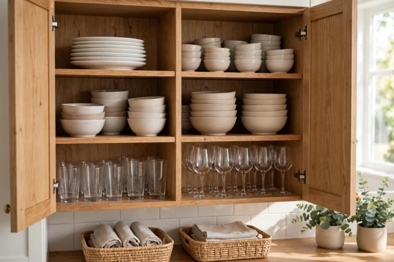 White ceramic bowls and dishes neatly stacked on wooden kitchen cabinet shelves