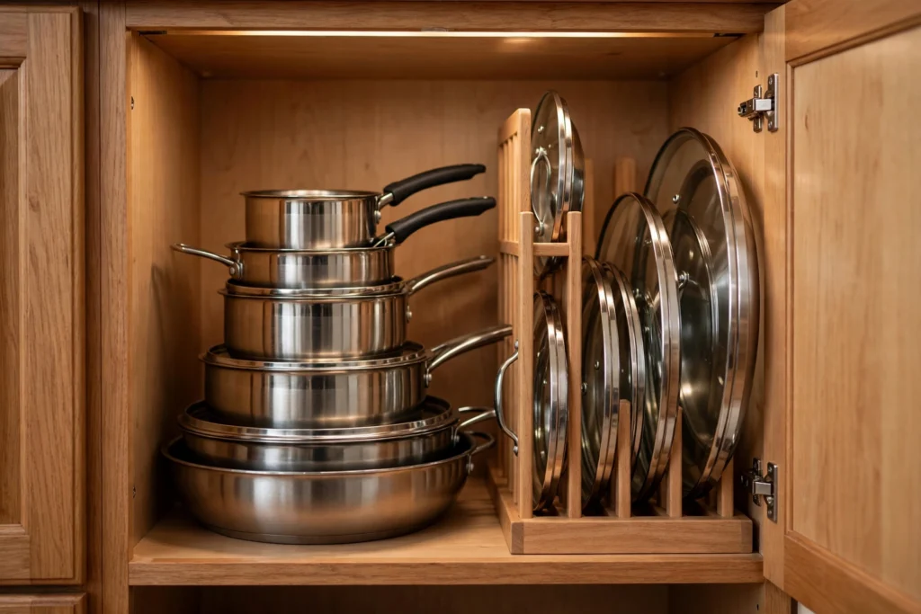 Stacked stainless steel pots and pans organized in a kitchen cabinet
