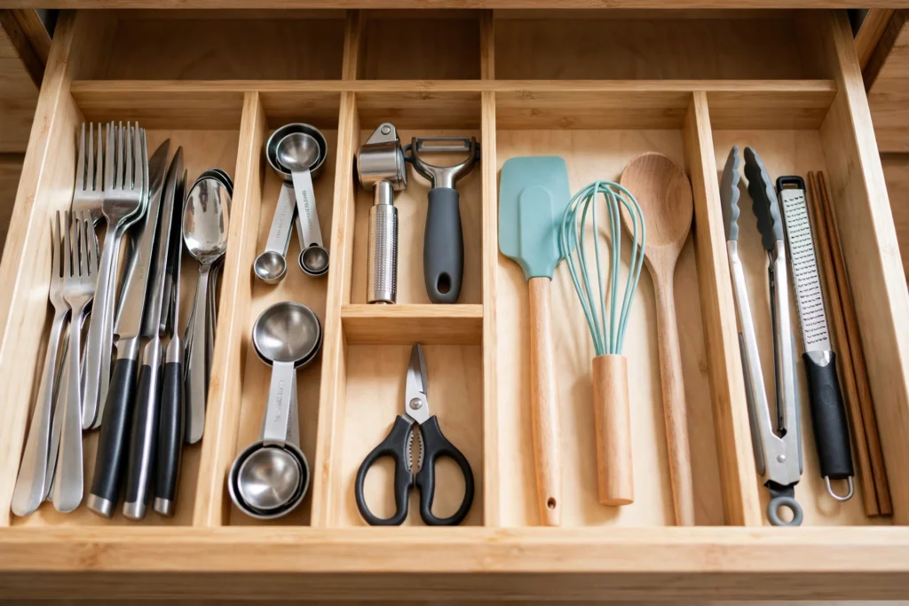 Wooden drawer organizer with neatly arranged cooking utensils, whisks, and spatulas