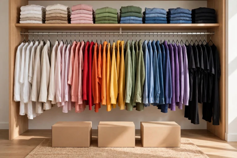 Closet rod with colorful clothes hanging in rainbow order