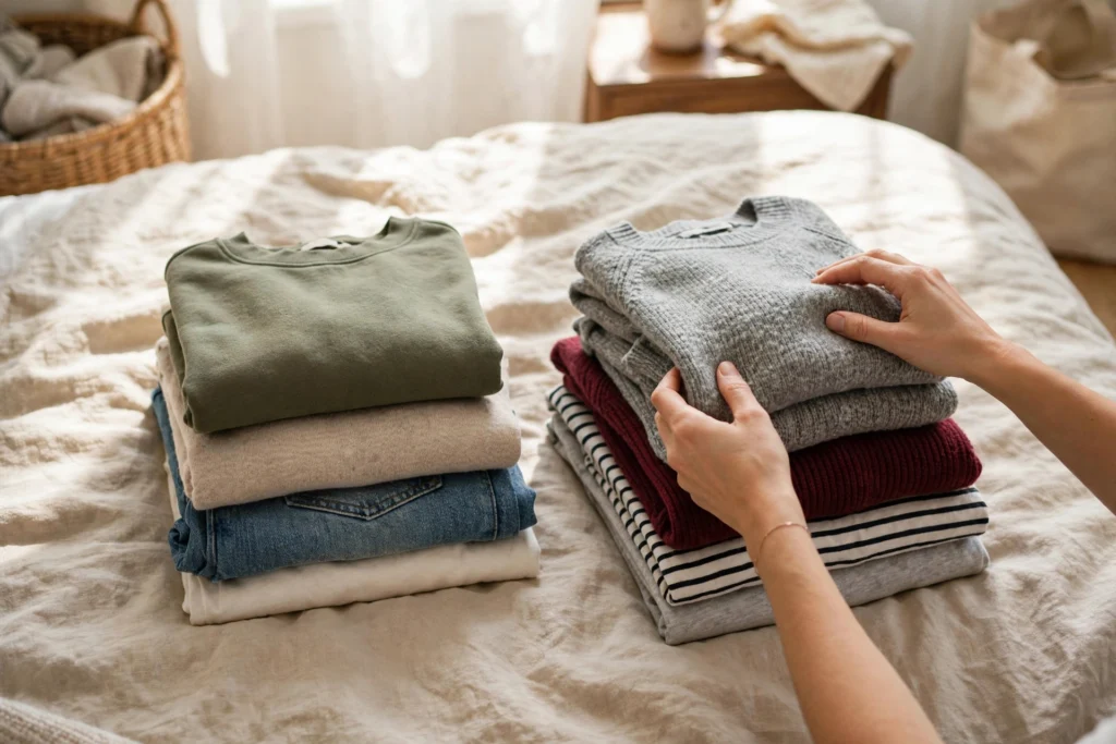 Hands folding clothes beside a neat stack of folded garments