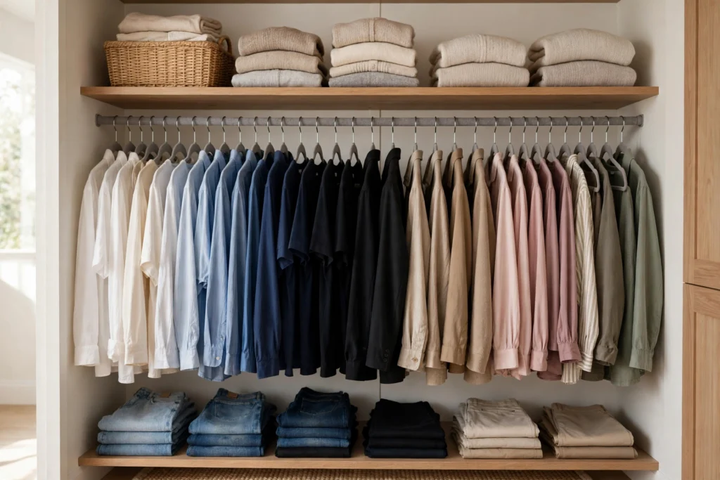 Closet with shirts neatly organized on hangers arranged by color