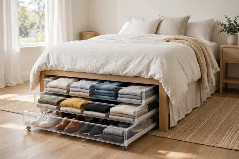 Bright bedroom with white bedding and organized storage boxes visible under the bed