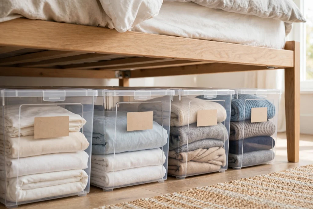 Under-bed storage area with rolling drawers and boxes pulled out from beneath a bed