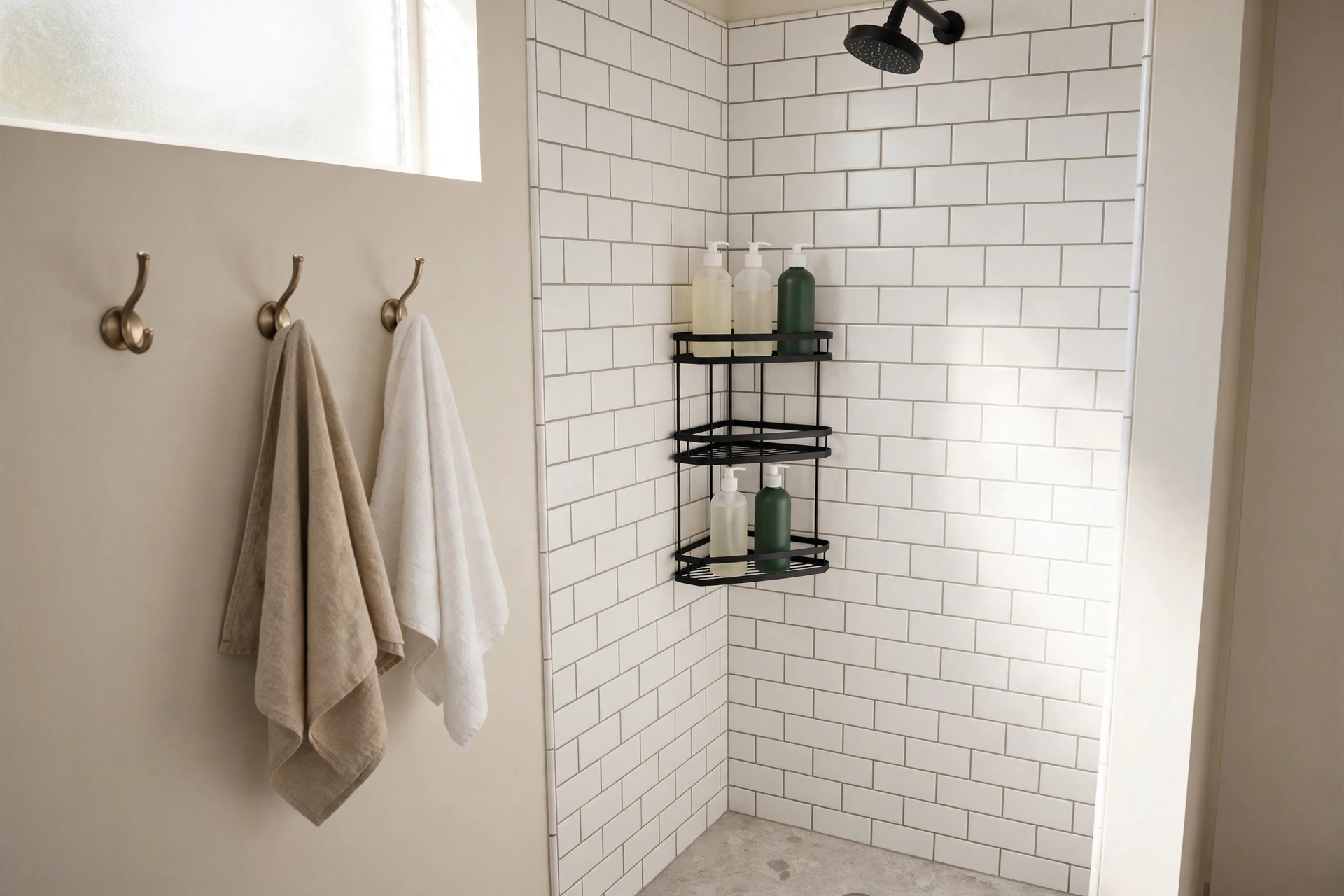 Tiled shower corner with a black corner caddy holding pump bottles and bronze wall hooks with two towels hanging beside a frosted window