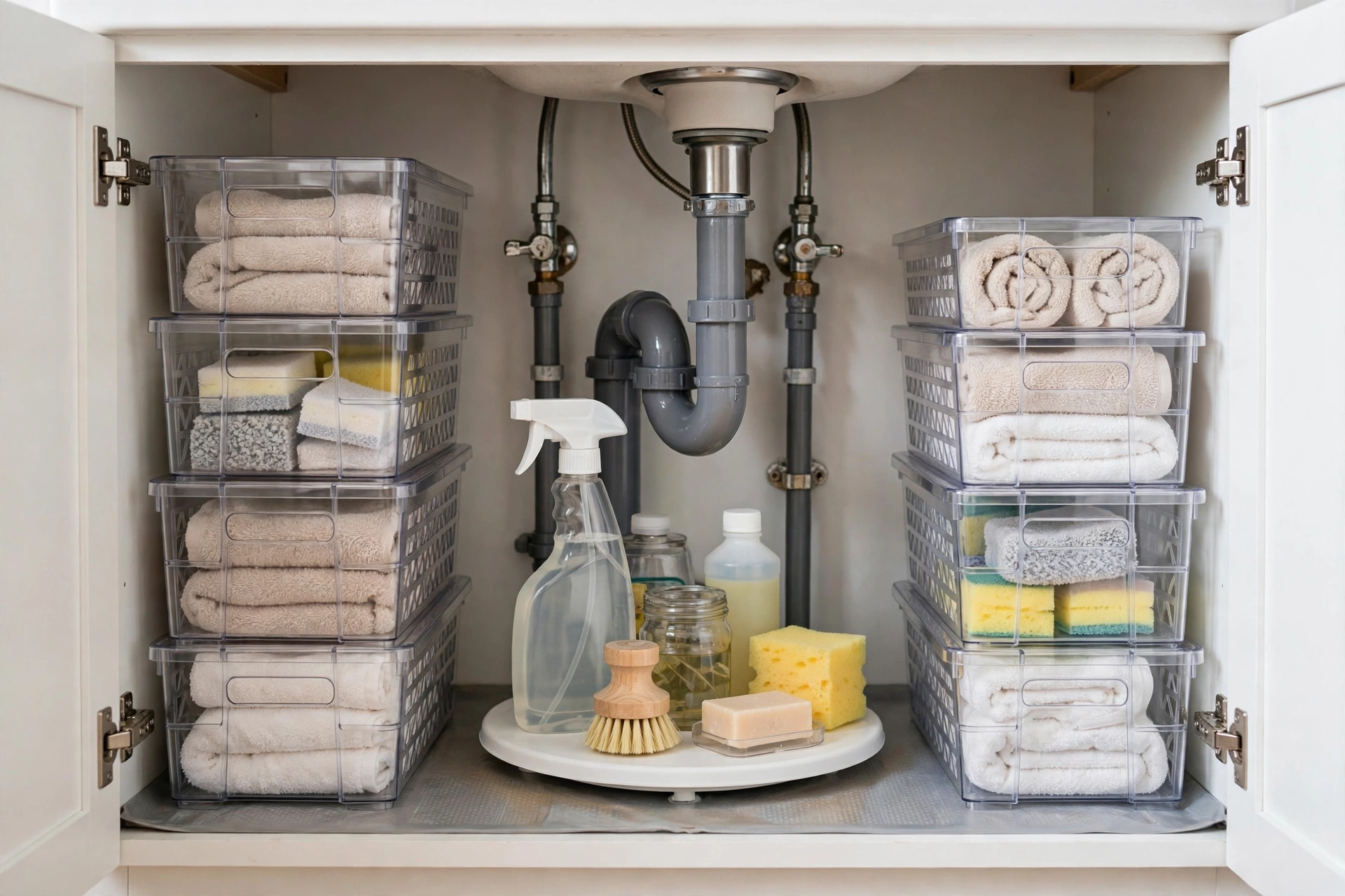 Organized under-sink bathroom cabinet with clear stackable bins of folded towels and a small white turntable holding cleaning supplies