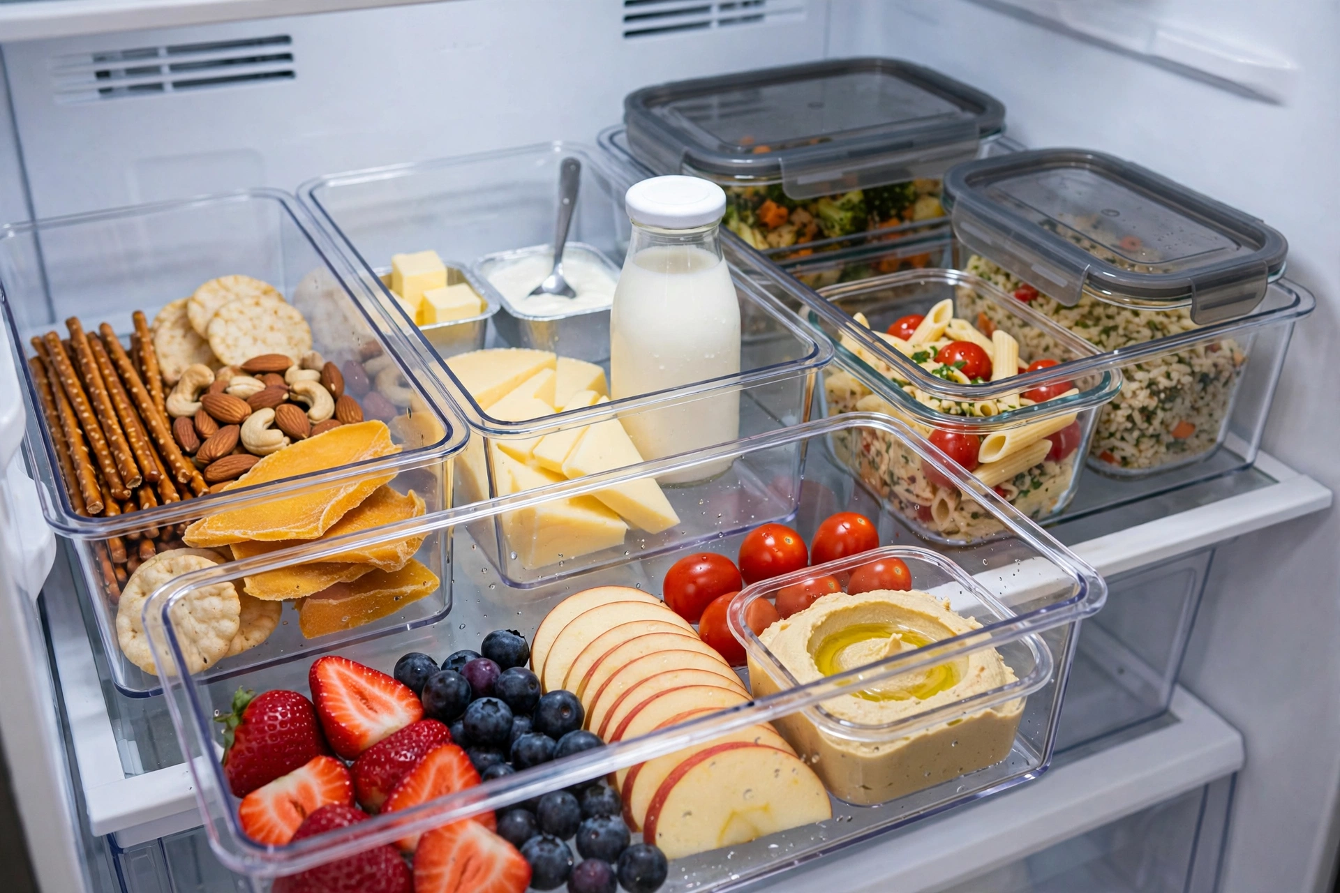 Close-up of fridge shelves with clear storage bins holding snacks, cheese, milk, pasta salad, fresh fruit, and hummus