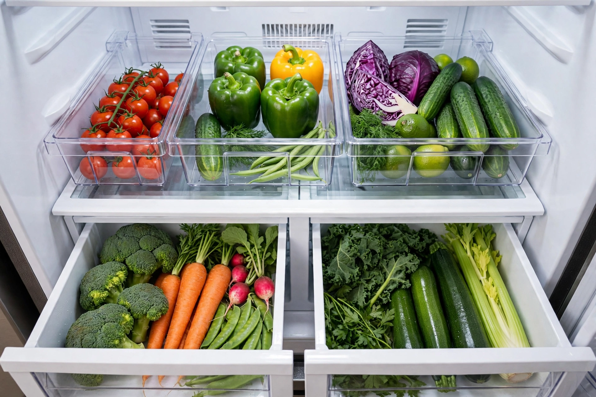 Refrigerator vegetable drawers with clear bins of cherry tomatoes, bell peppers, cucumbers, red cabbage, broccoli, carrots, kale, zucchini, and celery
