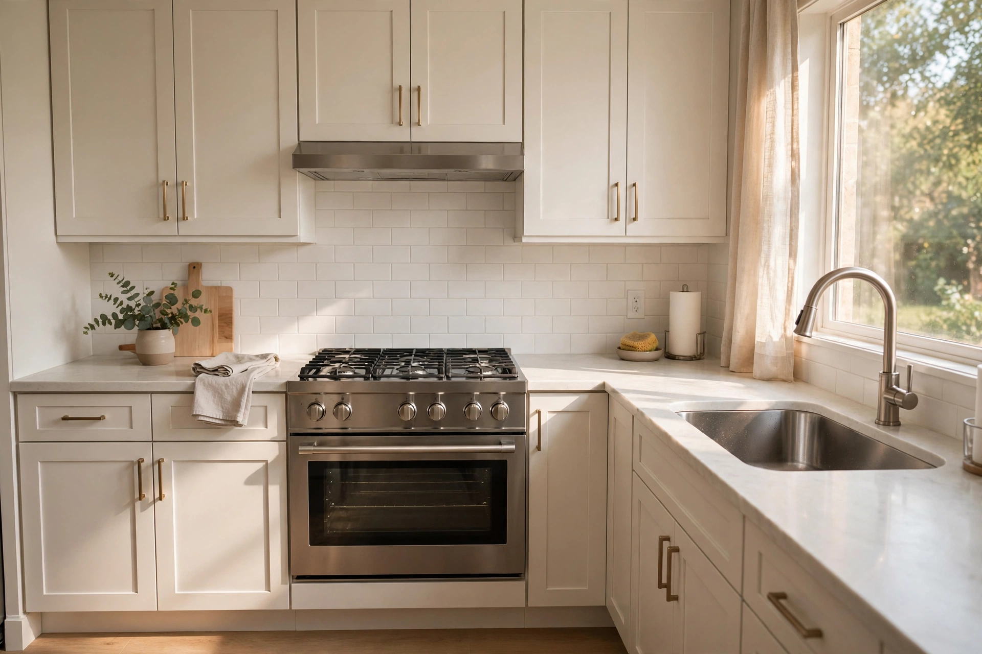 Bright clean white kitchen with a stainless steel gas range, white subway tile backsplash, and a farmhouse sink under a sunny window