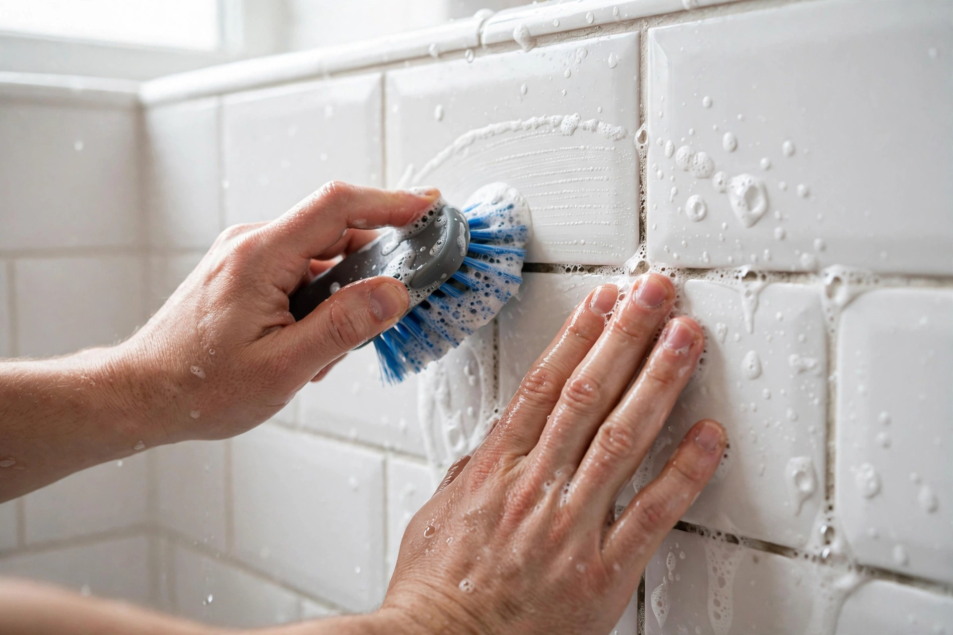 Hands scrubbing white shower tiles with a blue-bristled brush and soap suds