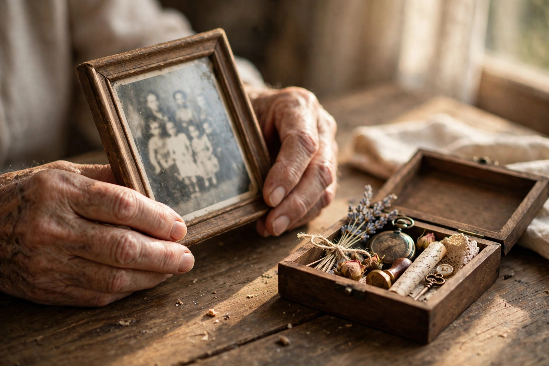 Elderly hands holding an old framed family photograph beside an open wooden keepsake box with dried lavender, a pocket watch, a rolled letter, a wax seal, and a vintage key