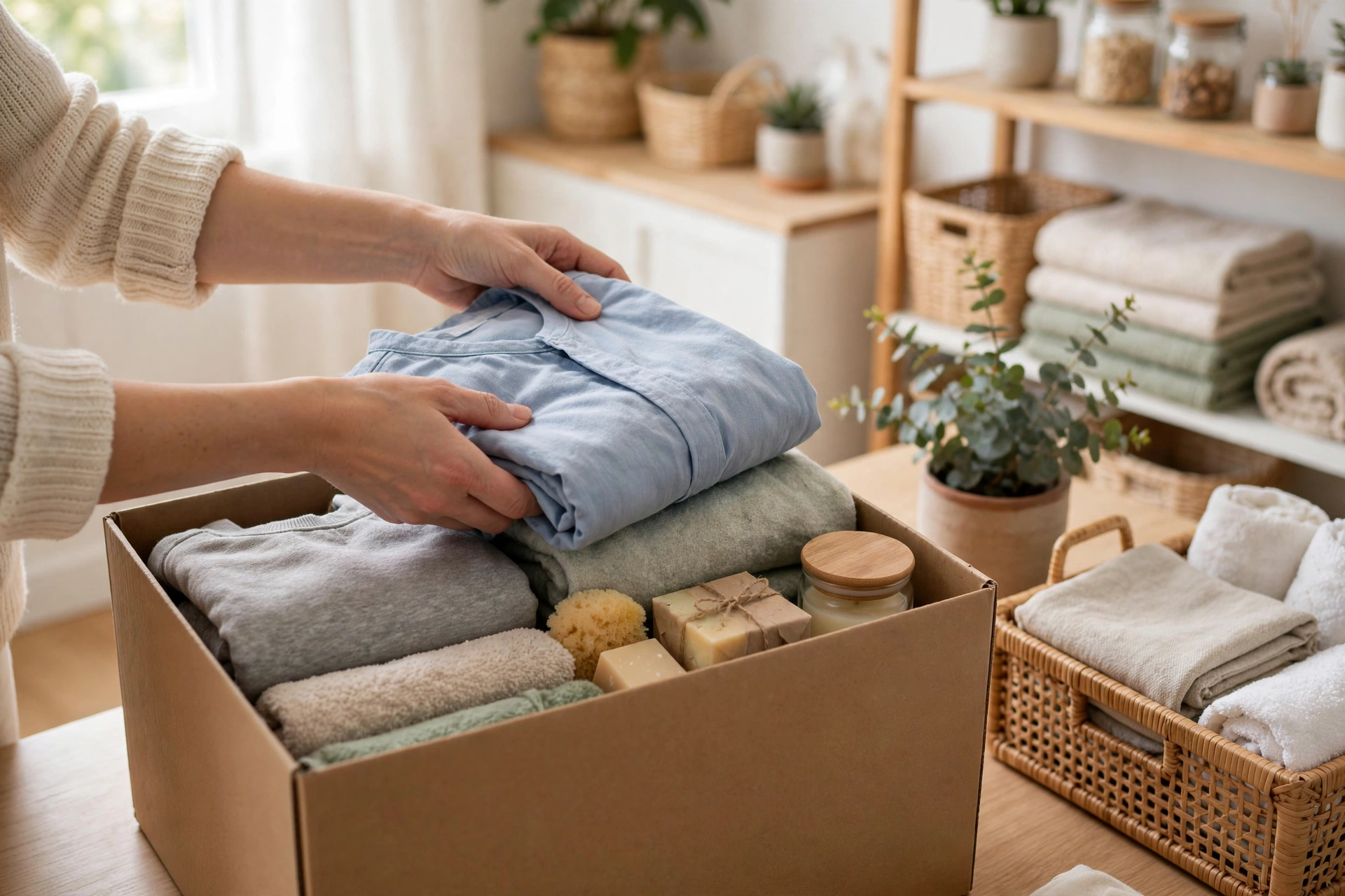 Hands folding a light blue shirt into a cardboard box of folded clothes, wrapped soap bars, and a candle, with a wicker basket of rolled towels nearby